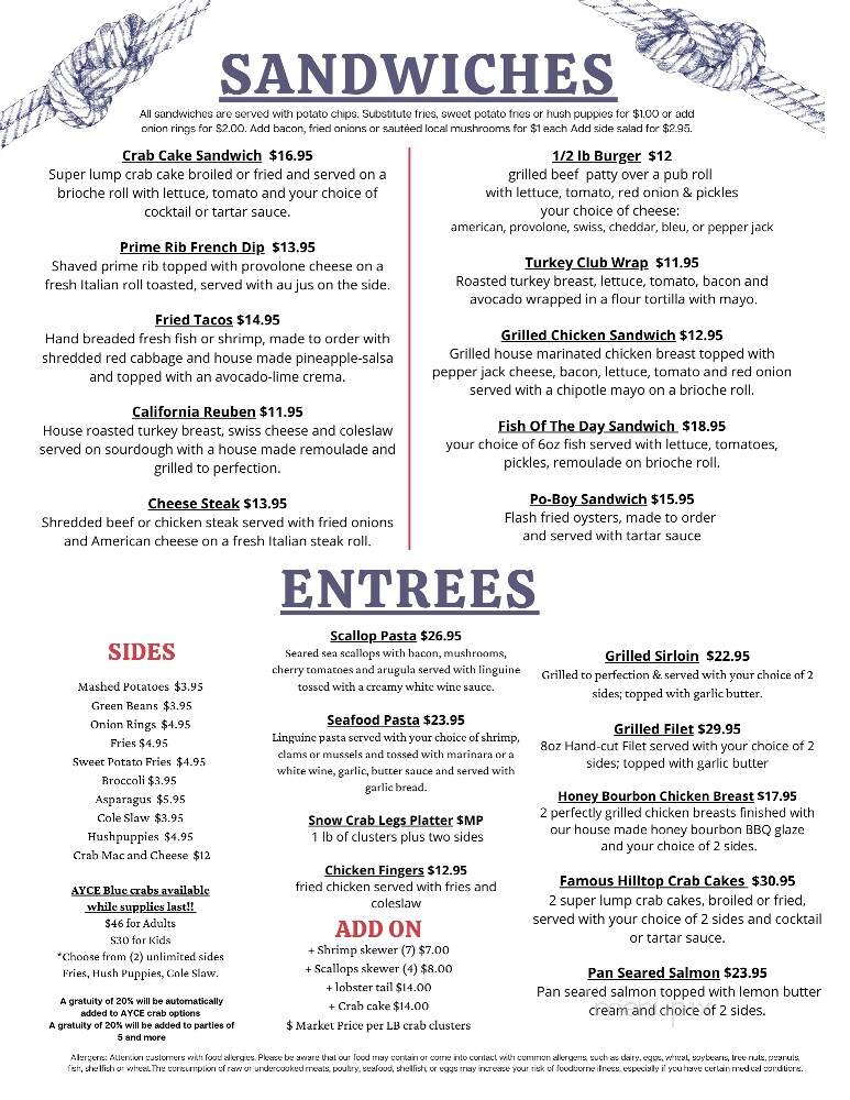 Menu of Hilltop Crabhouse Restaurant in Toughkenamon, PA 19374