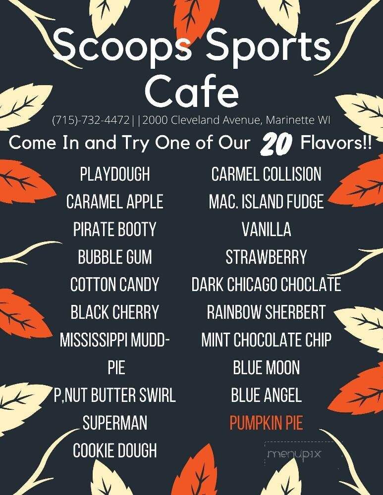 Menu of Scoops Sports Cafe in WI 54143
