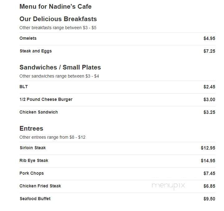 Menu of Nadine's Cafe in Lockesburg, AR 71846