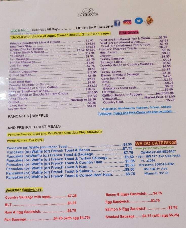 Menu of Jackson Soul Food in Opalocka, FL 33054