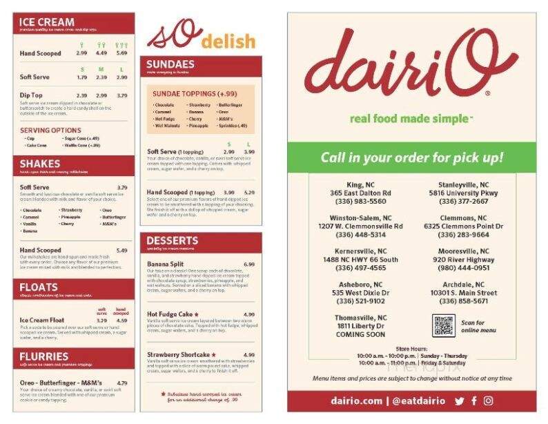 Online Menu of DairiO, Asheboro, NC