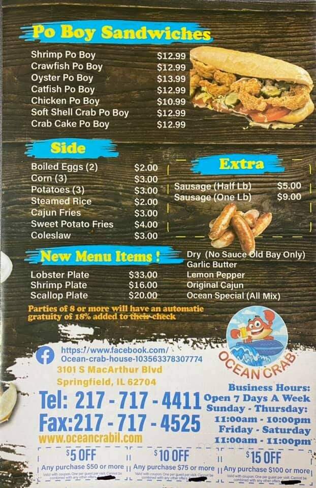 Menu of Ocean Crab House in Springfield, IL 62704