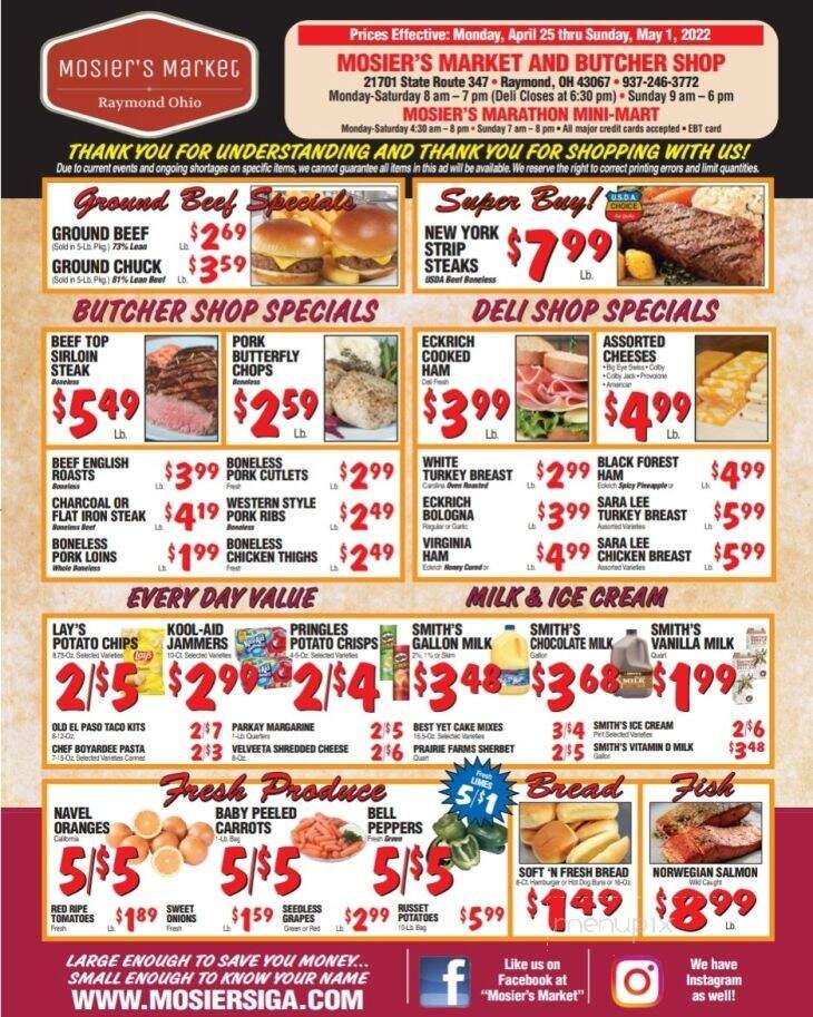 Online Menu of Mosier's Iga, Raymond, OH