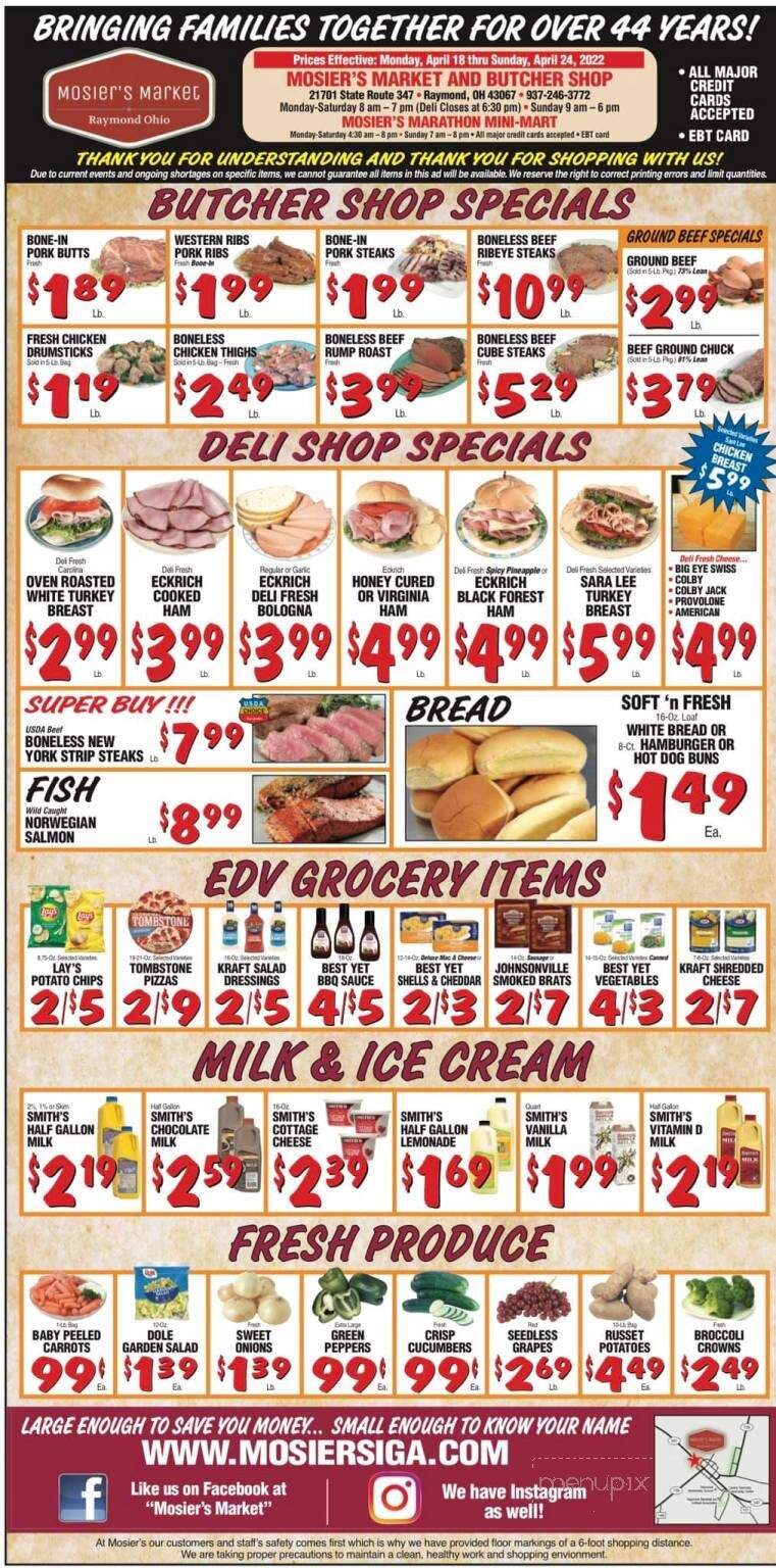 Online Menu of Mosier's Iga, Raymond, OH