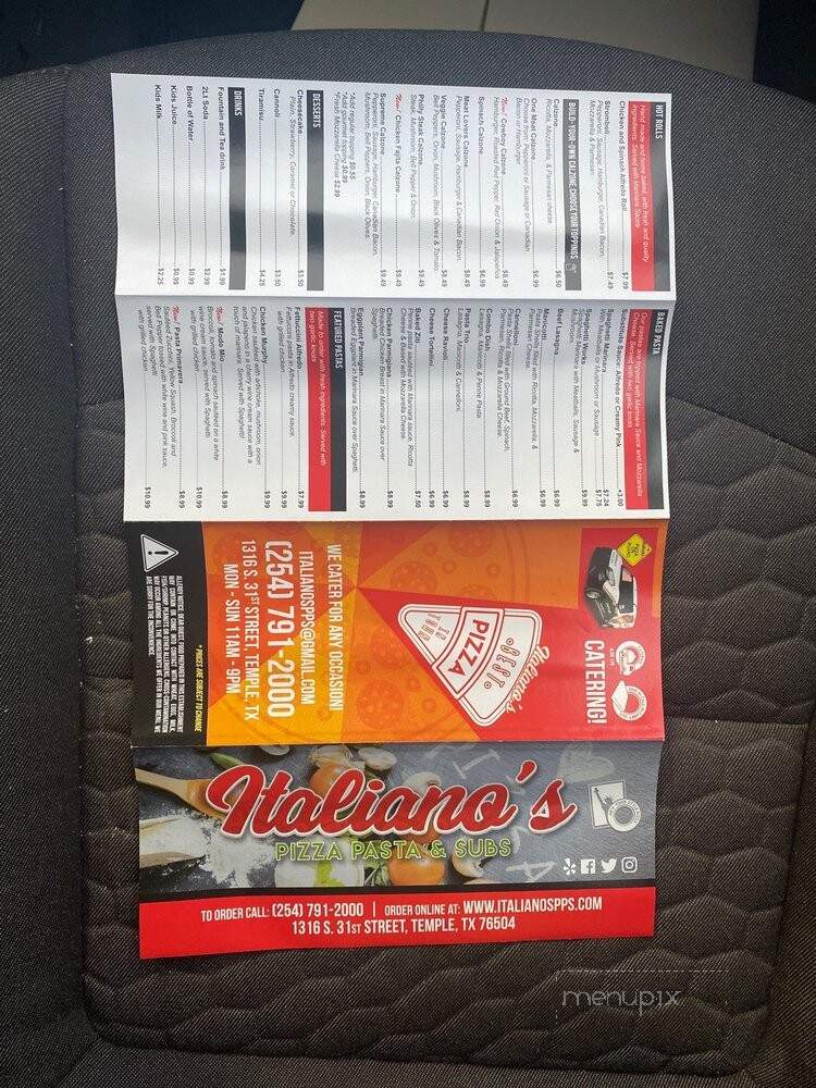 Menu of Italiano's Pizza Pasta and Subs in Temple, TX 76504
