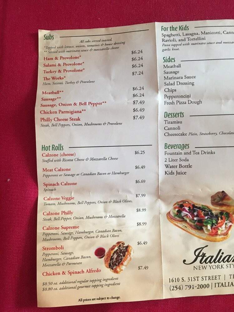 Menu of Italiano's Pizza Pasta and Subs in Temple, TX 76504