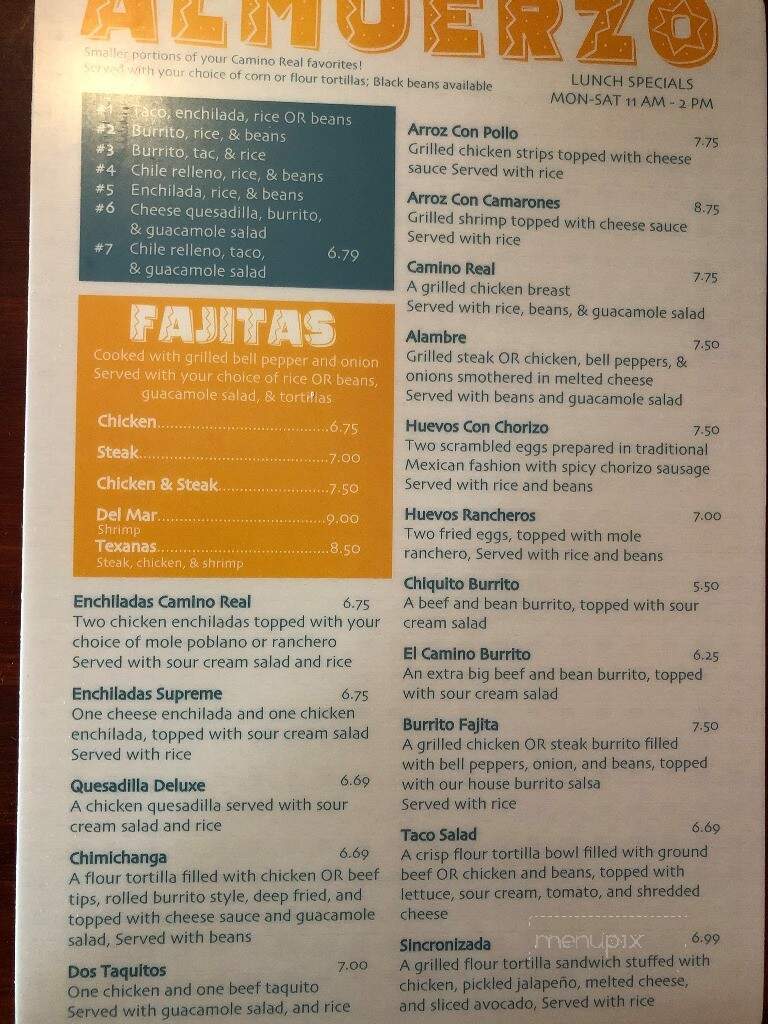 Menu of Camino Real Mexican Restaurant Bar in Wallace, NC 28466