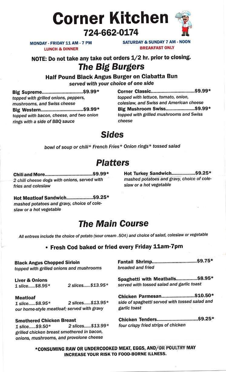 Menu of Corner Kitchen in Mercer, PA 16137