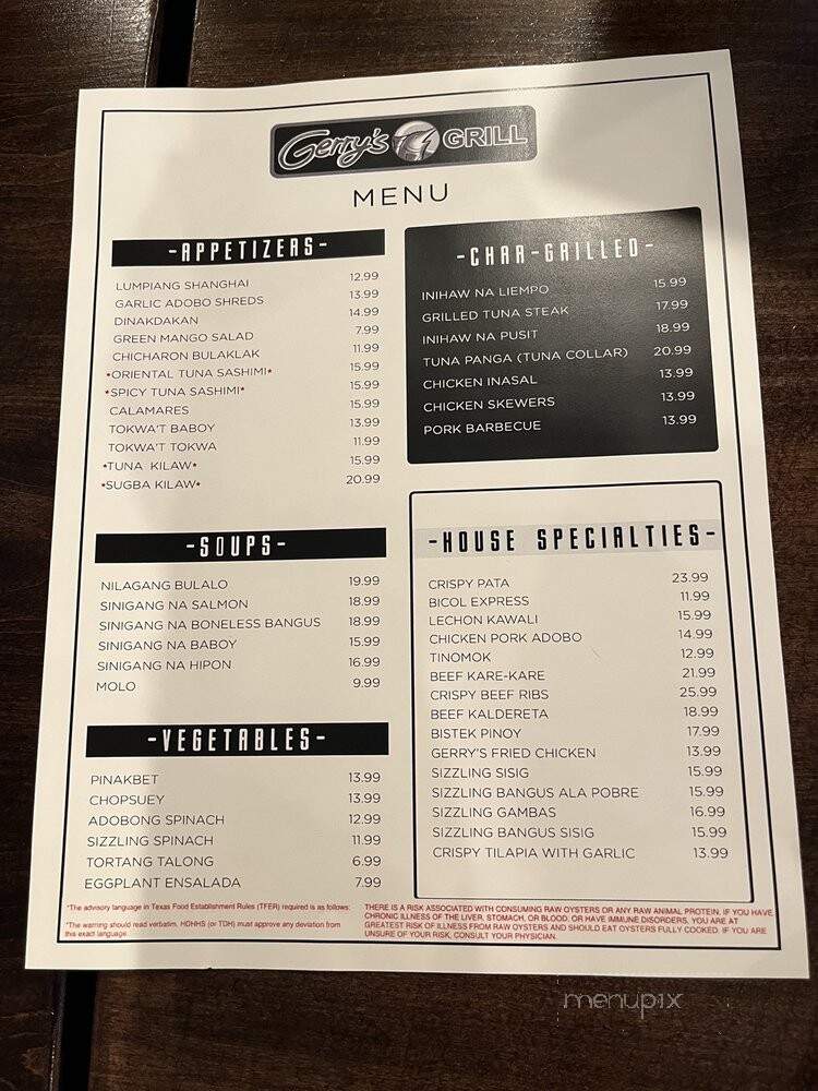 Online Menu of Gerry's Grill, Houston, TX