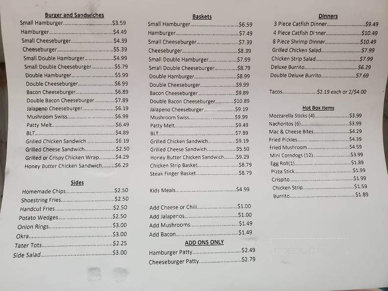 Menu of Bait Shop Burgers in Snyder, OK 73566