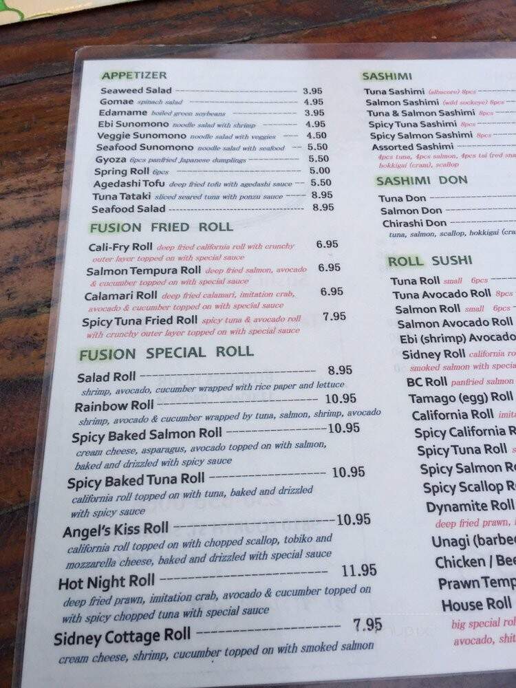 Menu of Green Wasabi Japanese Restaurant in Sidney, BC V8L 1Y7