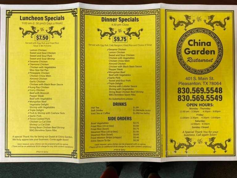 Online Menu of China Garden Restaurant, Pleasanton, TX