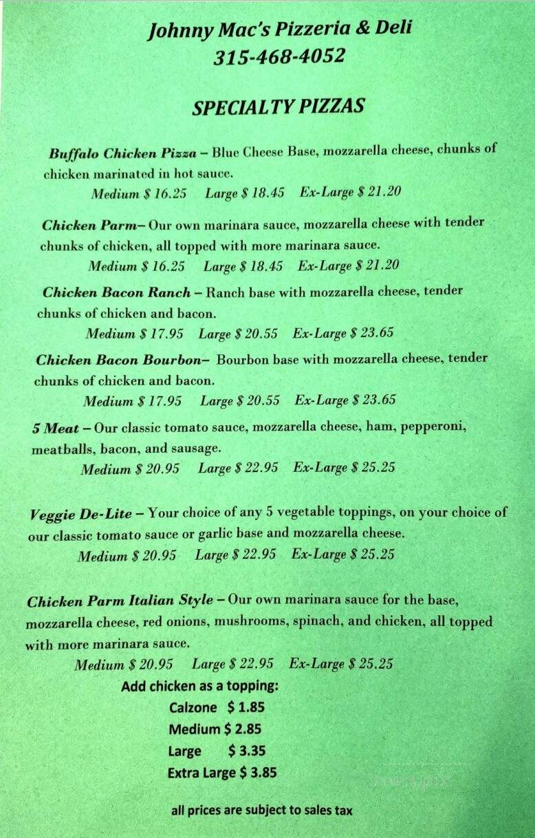 Menu of Johnny Mac's Pizzeria & Deli in Syracuse, NY 13209