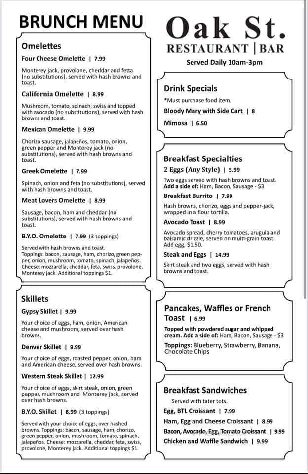 Menu of Oak Street Restaurant and Bar in North Aurora, IL 60542
