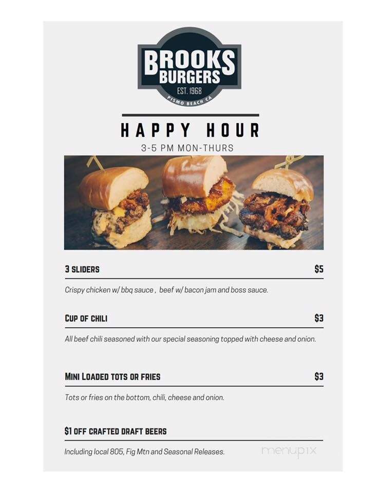 Menu of Brooks Burgers in Pismo Beach, CA 93449