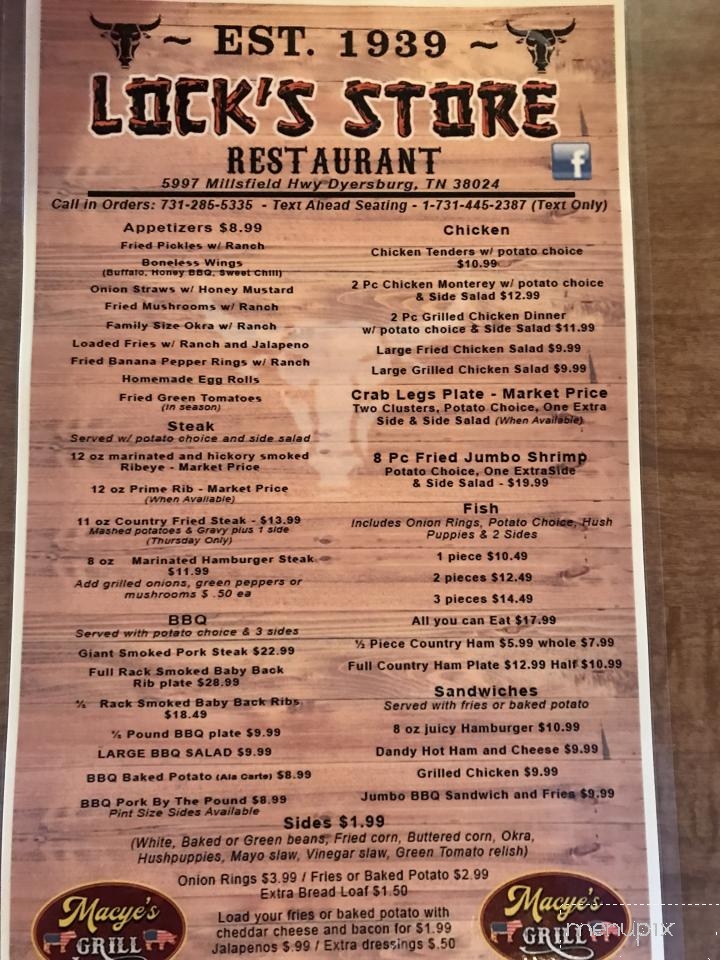 Menu of Lock's Store / MacyeÃ¢â‚¬â„¢s Grill in Dyersburg, TN 38024