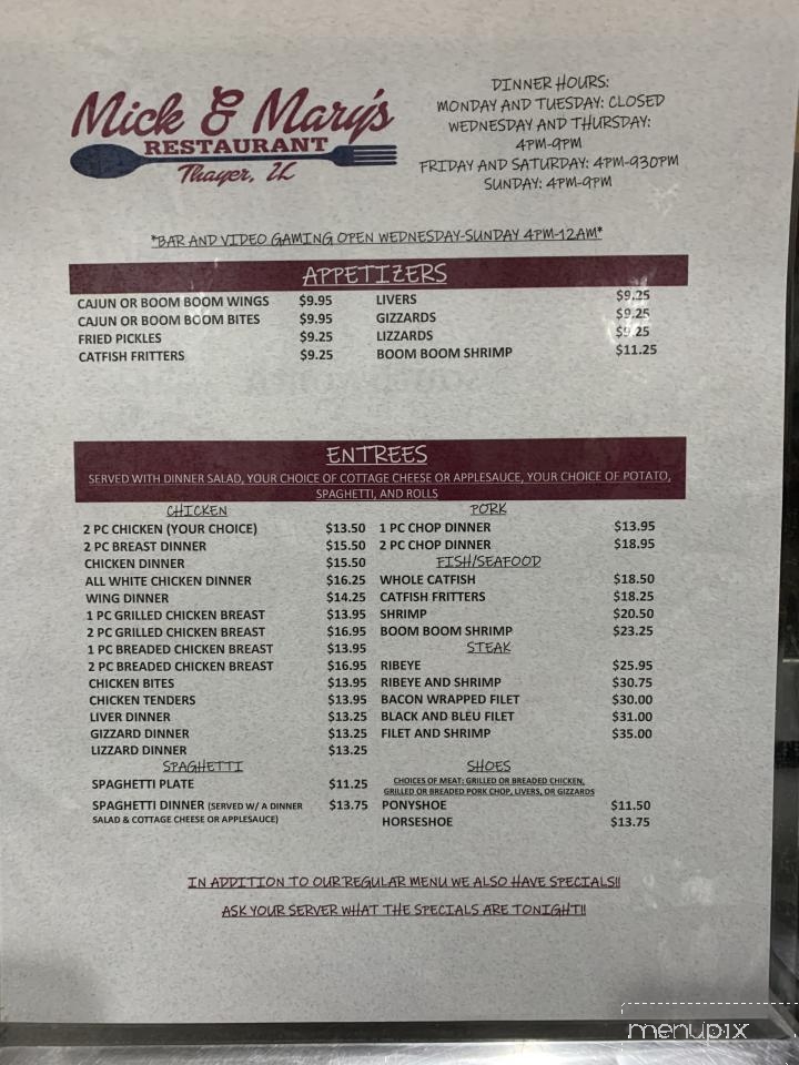 Menu of Mick And Mary's Inc in Thayer, IL 62689