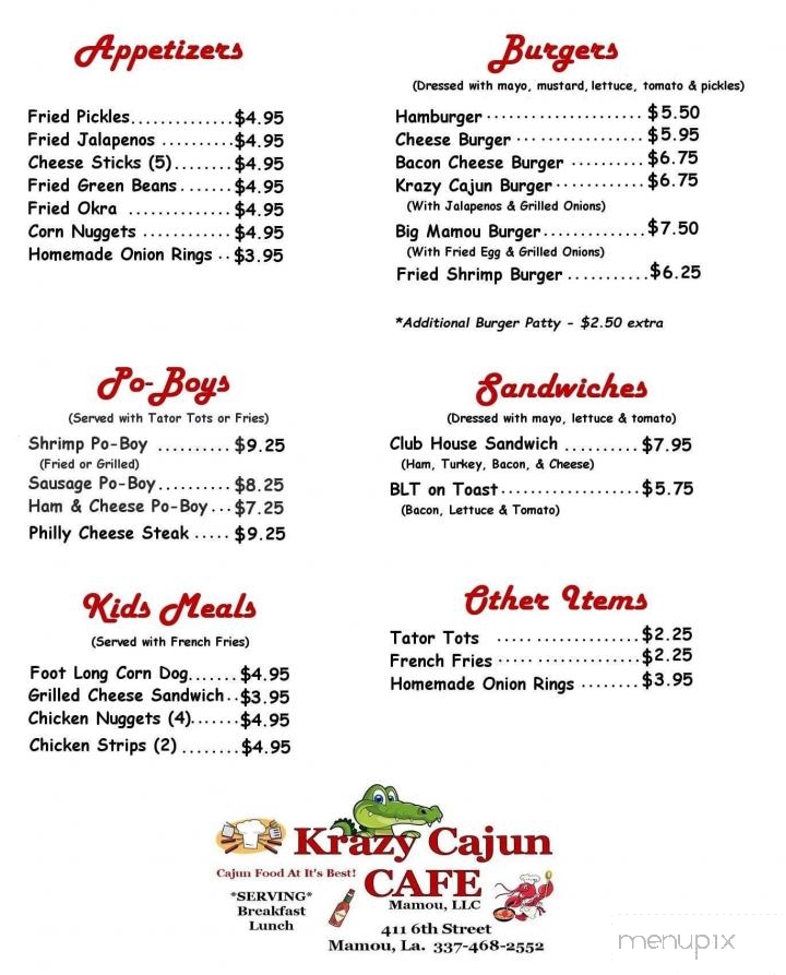 Menu of Krazy Cajun Cafe in Mamou, LA 70554