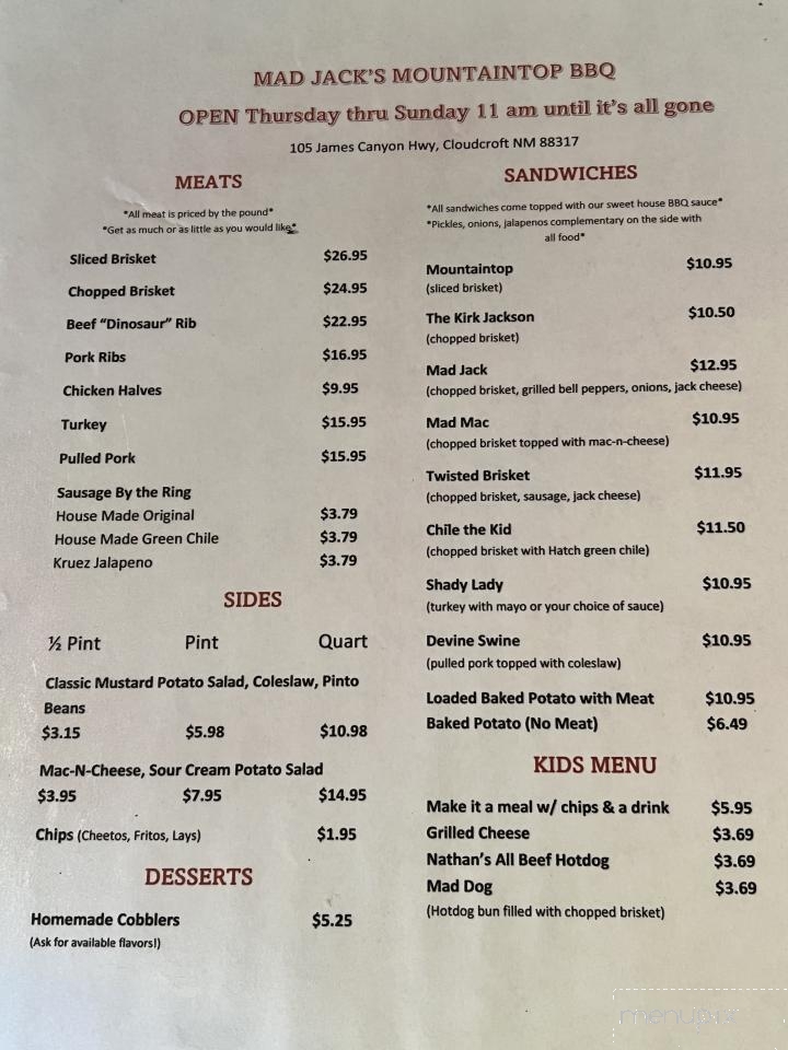 Menu of Mad Jack's Mountaintop Barbecue in Cloudcroft, NM 88337