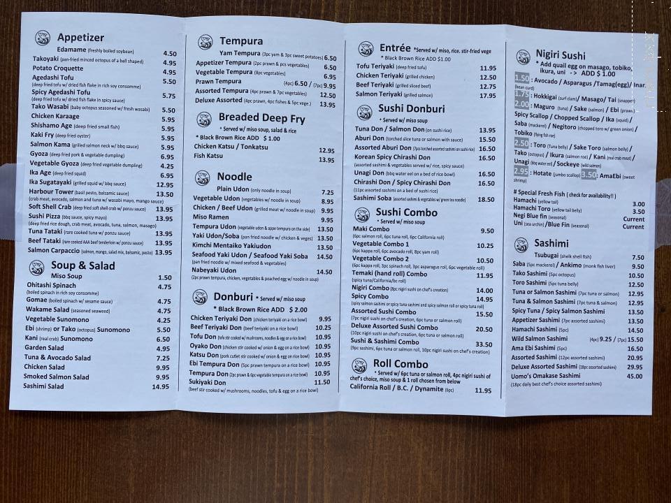 Menu of Sushi Uomo Japanese Restaurant in Burnaby, BC V5C 2J6