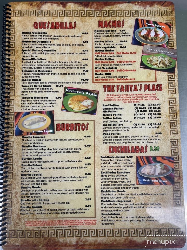 Menu of Mi Toro Mexican in Caledonia, MS 39740
