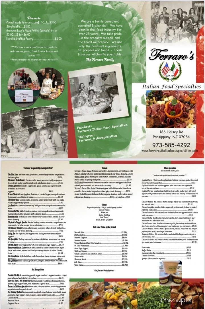 Menu of Ferraro's Italian Food Specs in Parsippany, NJ 07054