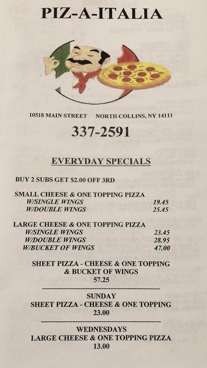 Menu of PizAItalia in North Collins, NY 14111