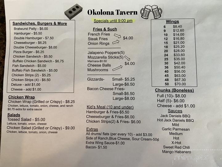 Online Menu of Okolona Tavern, Napoleon, OH