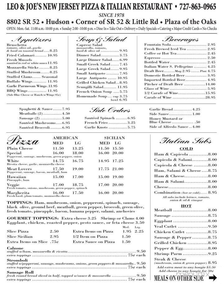 Menu of Leo & Joe's New Jersey Pizza in Hudson, FL 34667