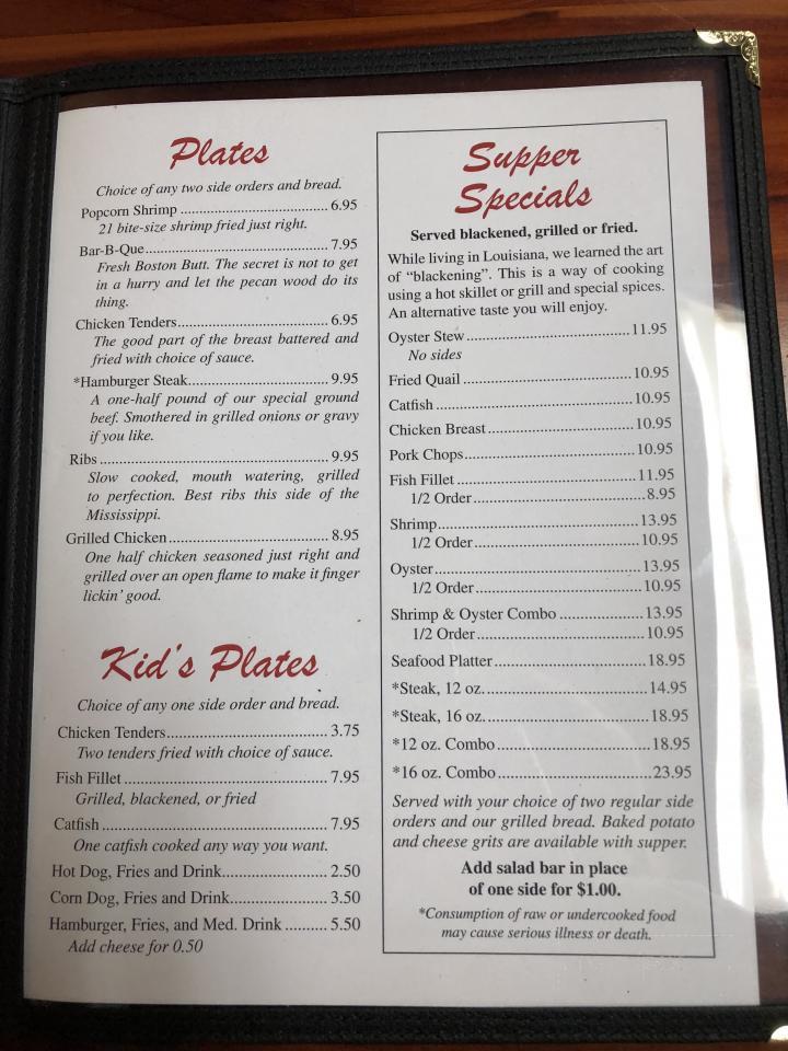 Menu of Peck's Place in Ocilla, GA 31774