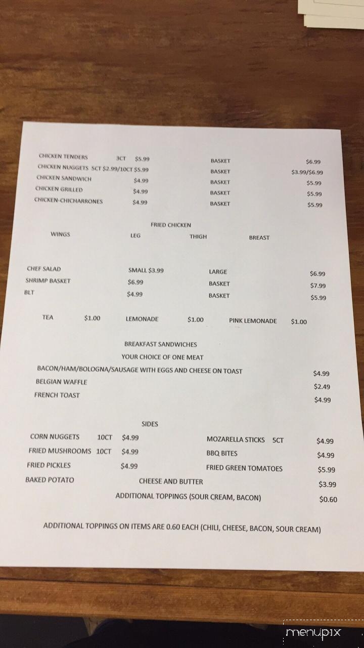 Menu of Fishbones Bait And Tackle in Pinewood, SC 29125