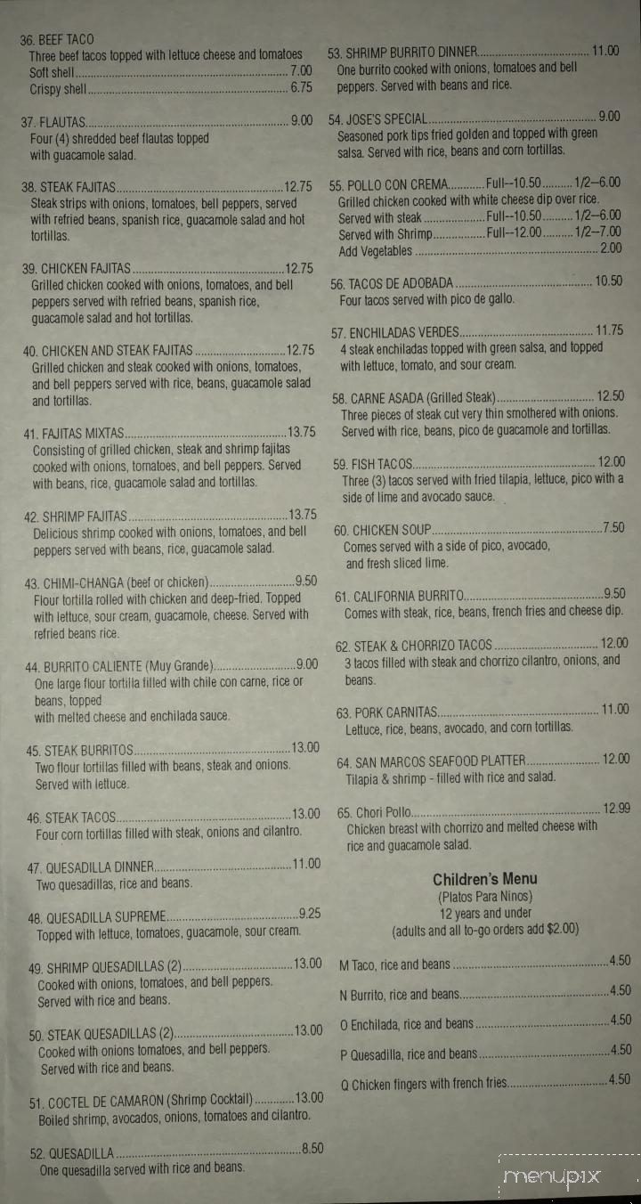Menu of San Marcos Mexican Restaurant in Pine Mountain, GA 31822