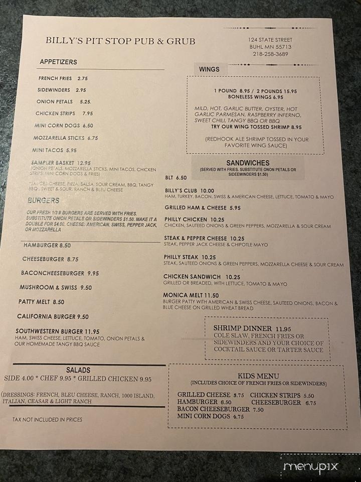 Menu of Billy's Bar in Buhl, MN 55713