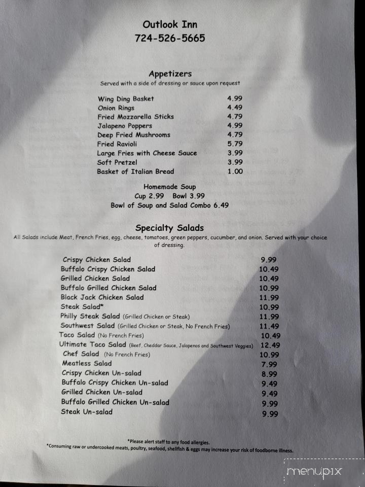Menu of Outlook Inn in Rimersburg, PA 16248