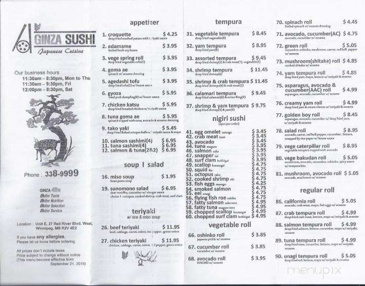 Menu of Ginza Sushi in Winnipeg, MB MB R2V