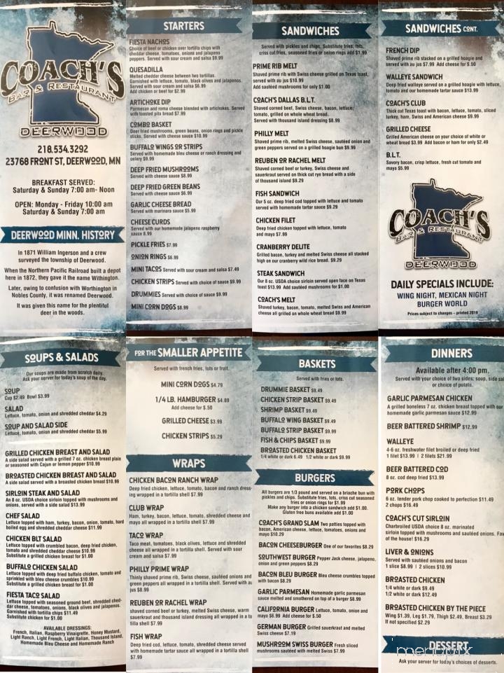 Menu of Coach's Corner Bar & Restaurant in Deerwood, MN 56444