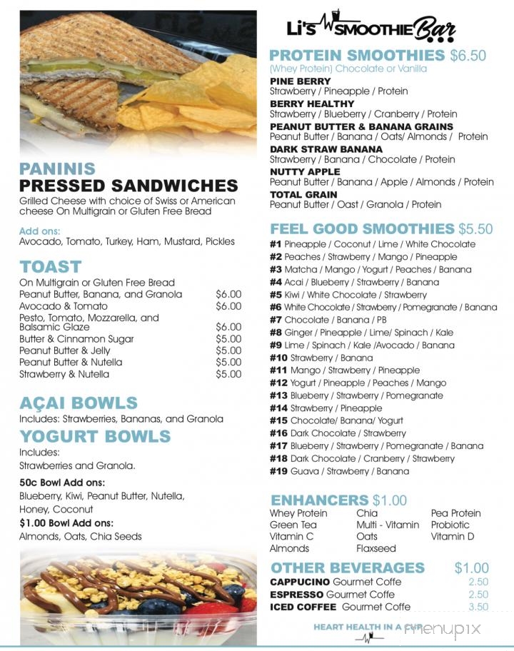 Menu of Li's Smoothie Bar in Mansfield, NJ 08022