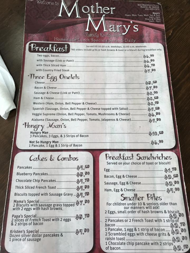 Menu of Mother Mary's Family Restaurant in Mobile, AL 36608