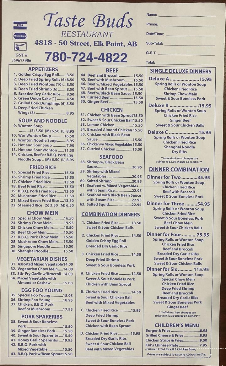 Menu of Taste Buds Restaurant in Elk Point, AB T0A 1A0