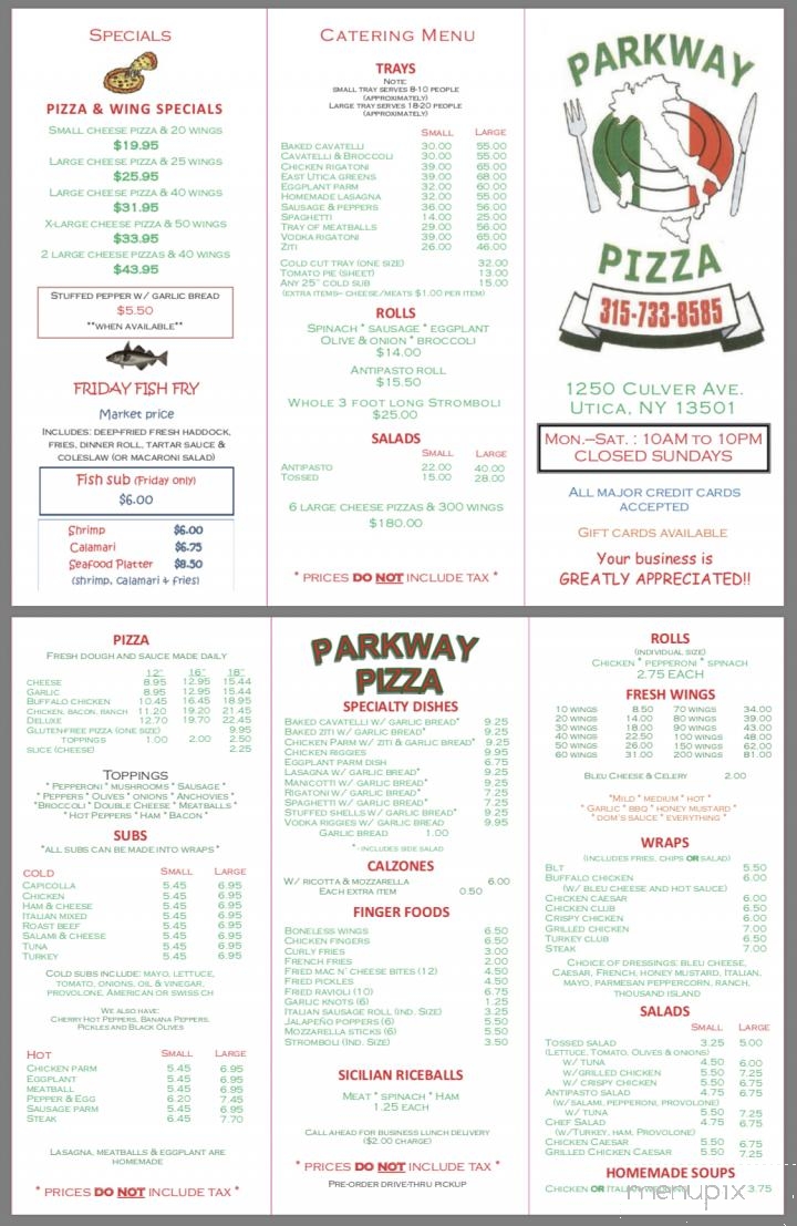 Menu of Parkway Pizza in Utica, NY 13501