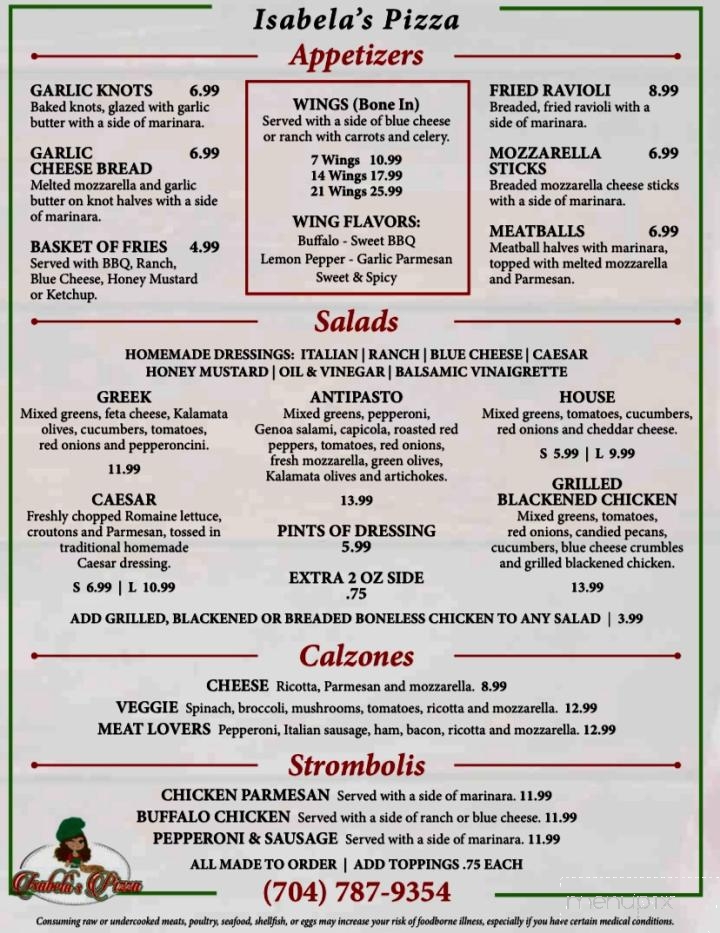 Menu of Isabela's Pizza in Concord, NC 28025