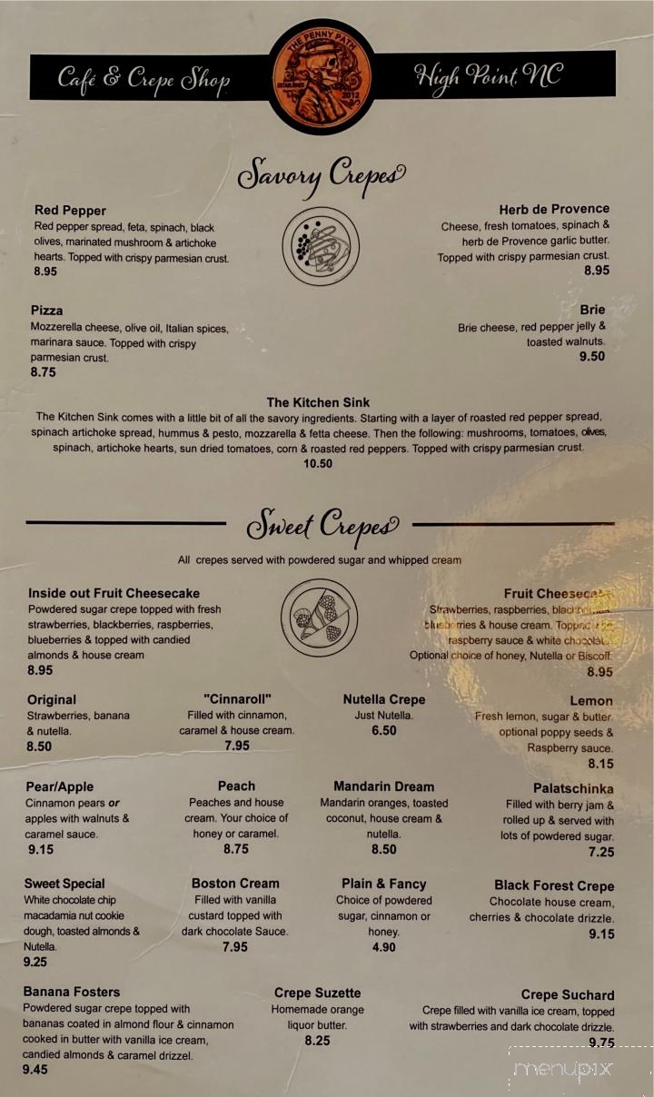 Menu of The Penny Path Cafe & Crepe Shop in High Point, NC 27260