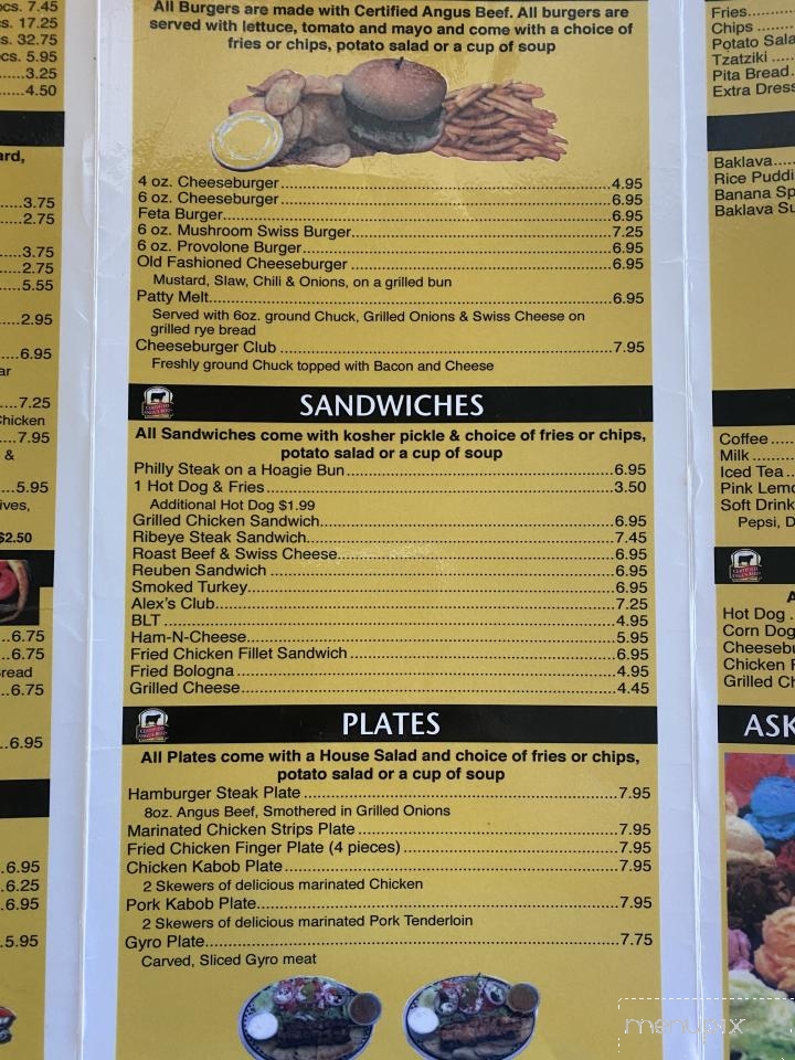 Menu of Alex's Grill and Ice Cream in East Bend, NC 27018
