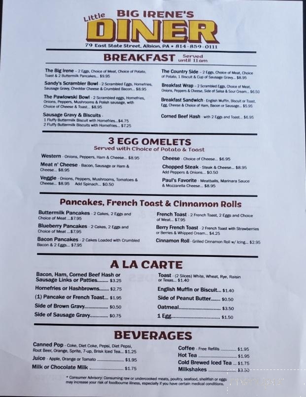 Menu of Big Irene's Little Diner in Albion, PA 16401