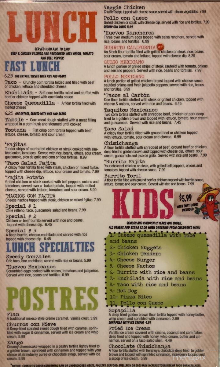 Menu of El Toril Mexican Restaurant in Kimball, TN 37347