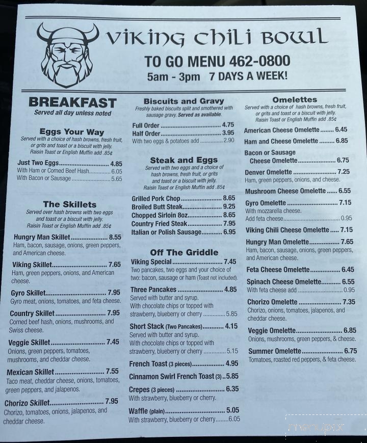 Menu of Viking Chili Bowl in Valparaiso, IN 46385