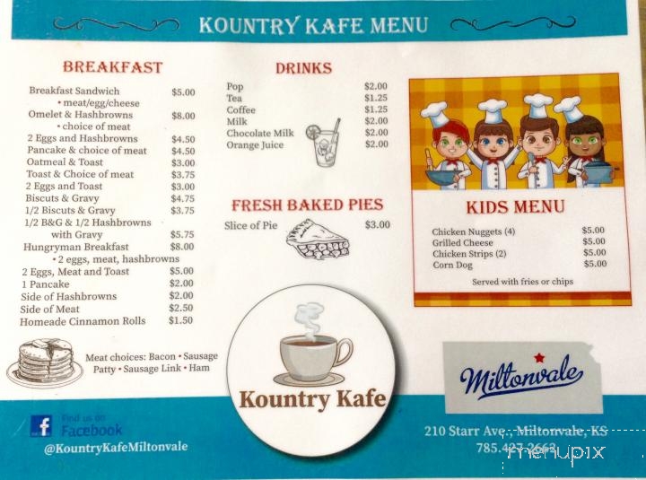 Menu of Kountry Kafe in Miltonvale, KS 67466