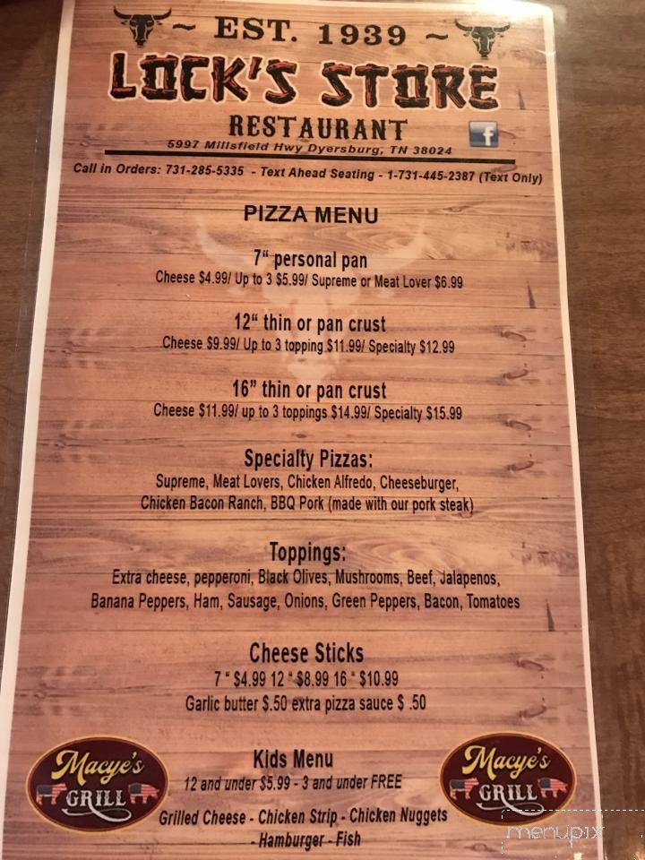 Menu of Lock's Store / MacyeÃ¢â‚¬â„¢s Grill in Dyersburg, TN 38024
