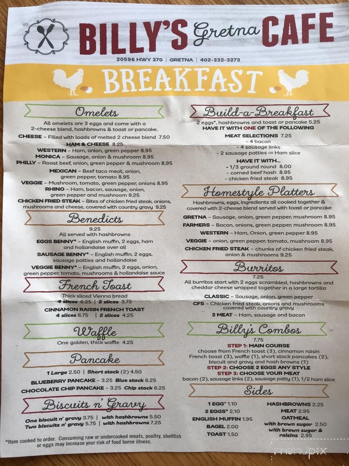 Menu of Billy's Gretna Cafe in Gretna, NE 68028