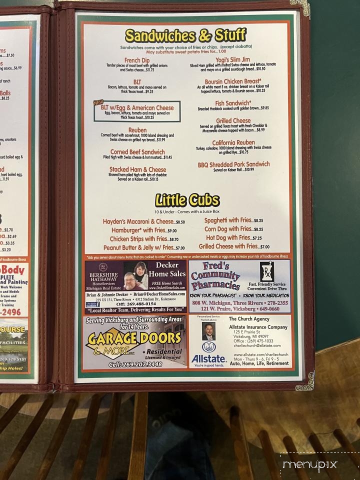 Menu of Yogi's in Vicksburg, MI 49097